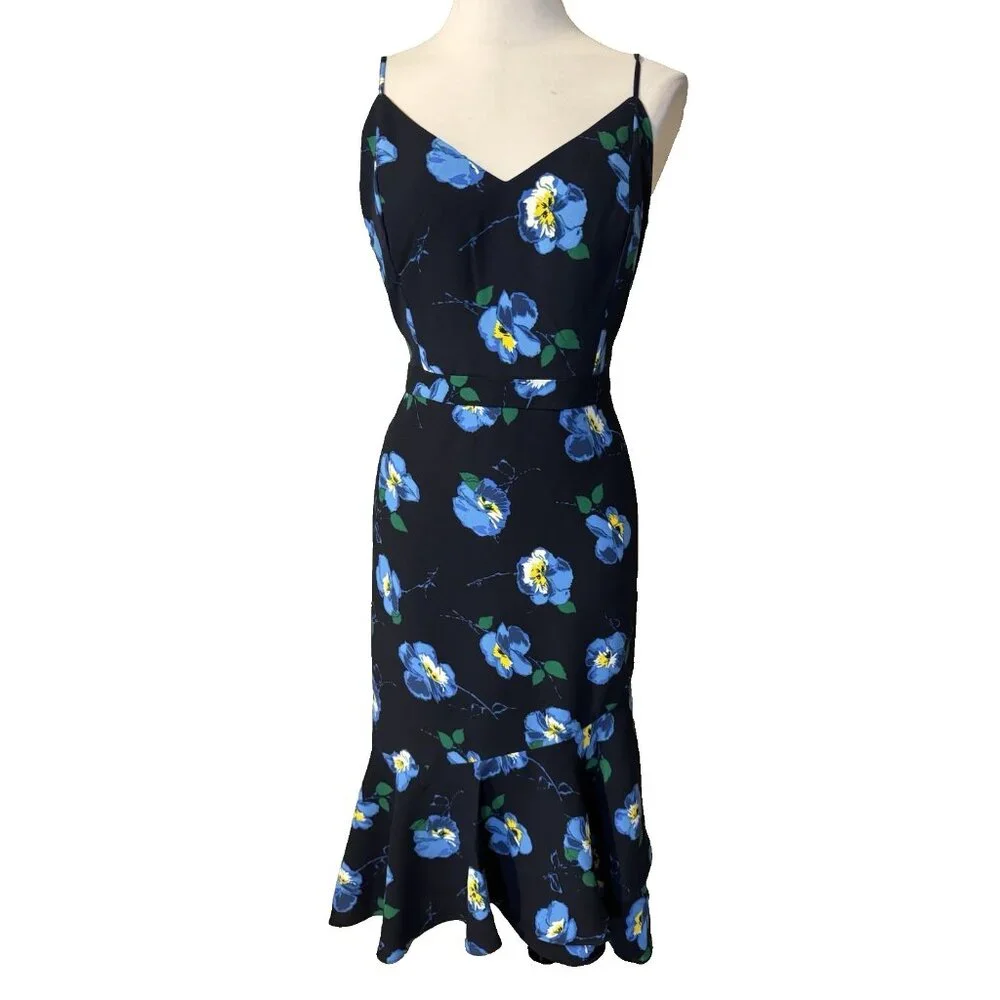 Banana Republic Slip Dress 12 Blue Black Washable Flowy Floral Midi Sleeveless